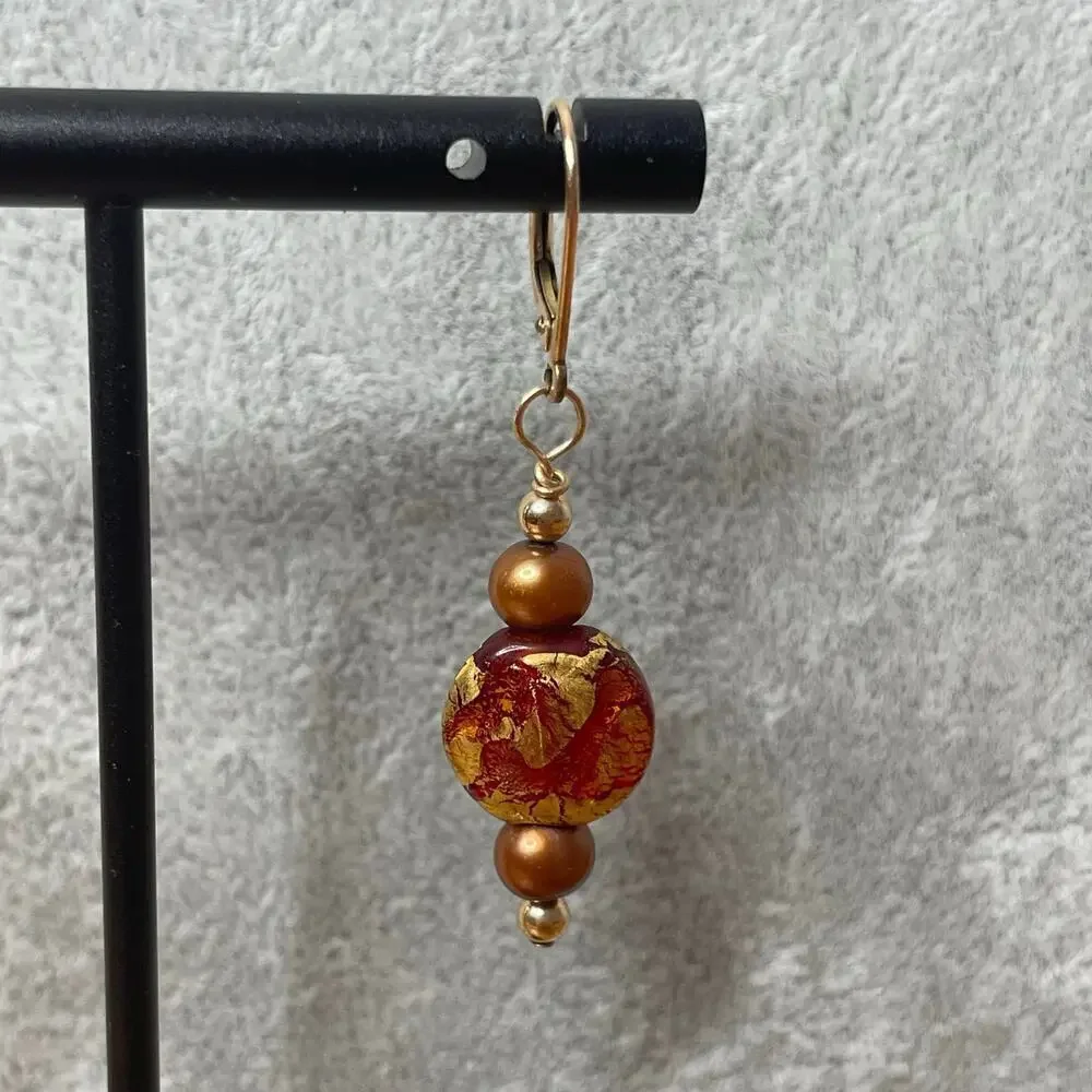 Handmade glass bead freshwater pearl orange gold earrings - Picture 3 of 5